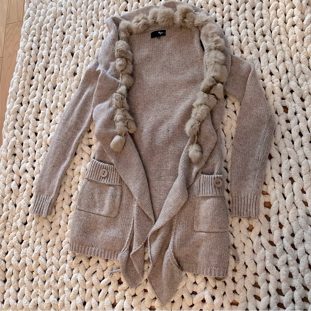 Anthropology Ryu Brown Wool Cardigan with Fur Trim